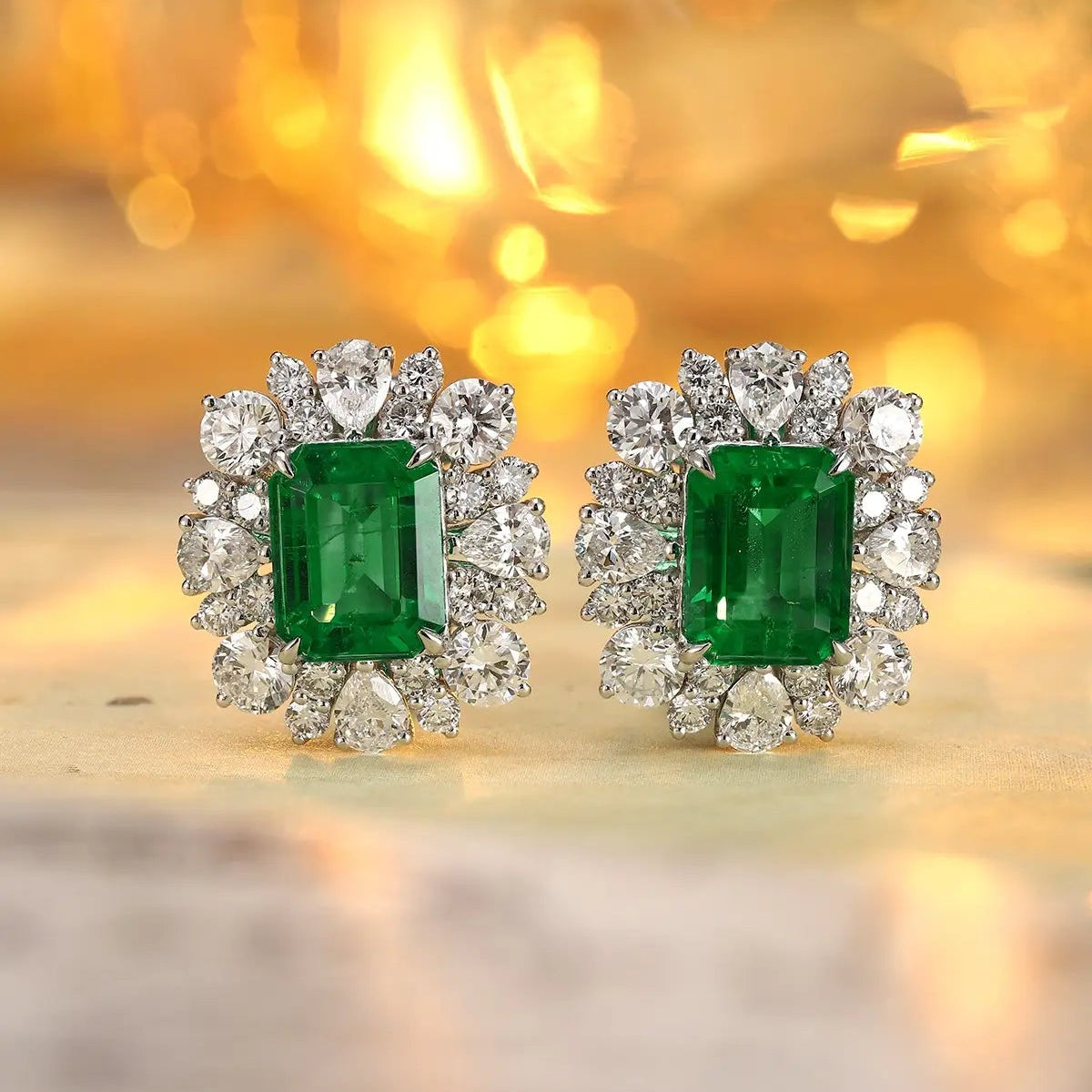 PT950 Lab Grown Diamond & Lab Grown Emerald 4ct Emerald Cut Earrings
