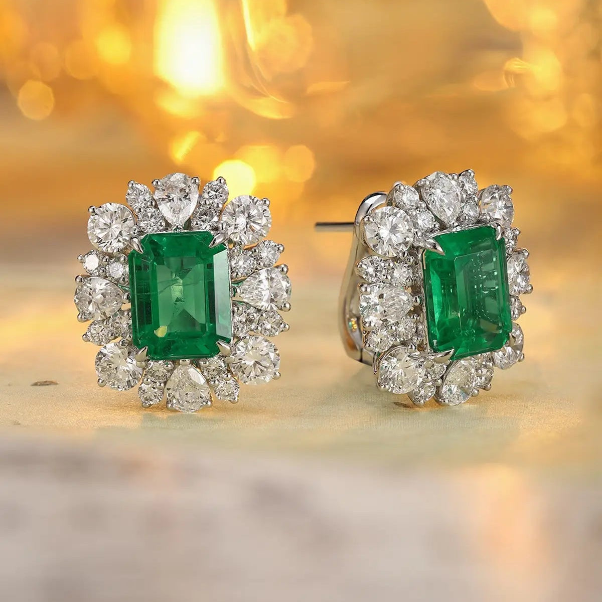 PT950 Lab Grown Diamond & Lab Grown Emerald 4ct Emerald Cut Earrings