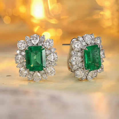 PT950 Lab Grown Diamond & Lab Grown Emerald 4ct Emerald Cut Earrings
