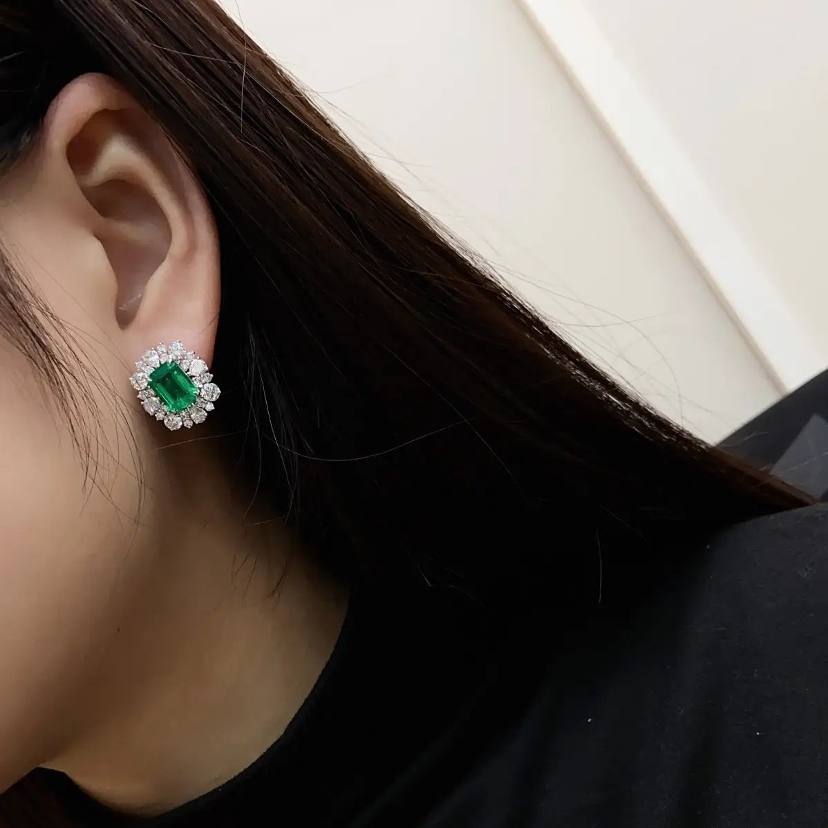 PT950 Lab Grown Diamond & Lab Grown Emerald 4ct Emerald Cut Earrings