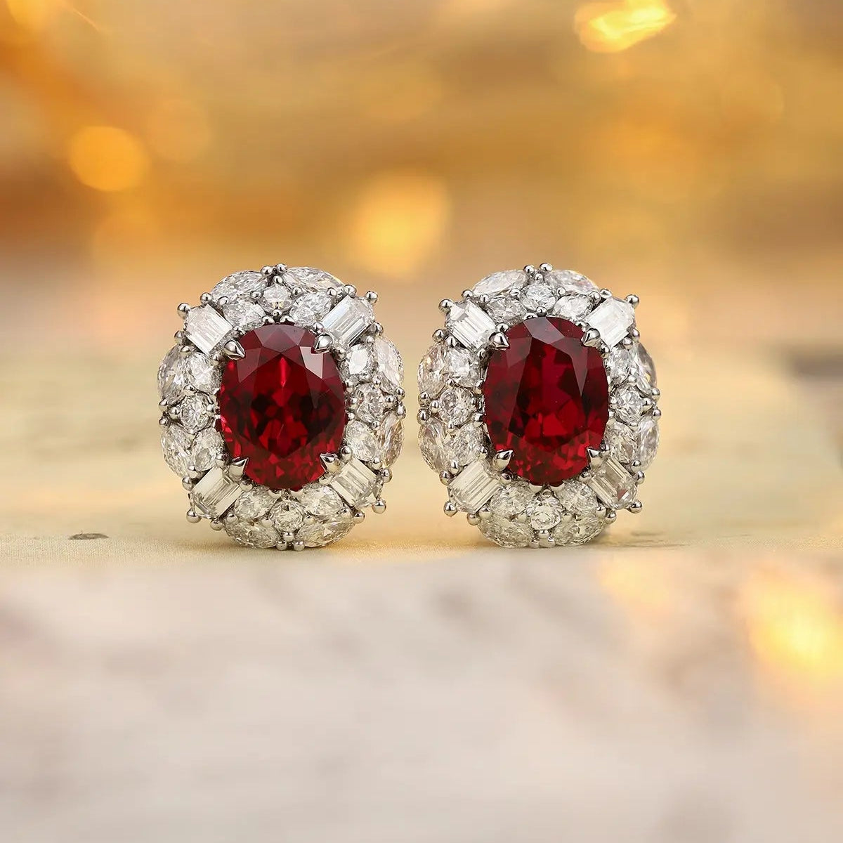 PT950 Lab Gorwn Diamond & Lab Grown Ruby 3ct Oval Shape Earring