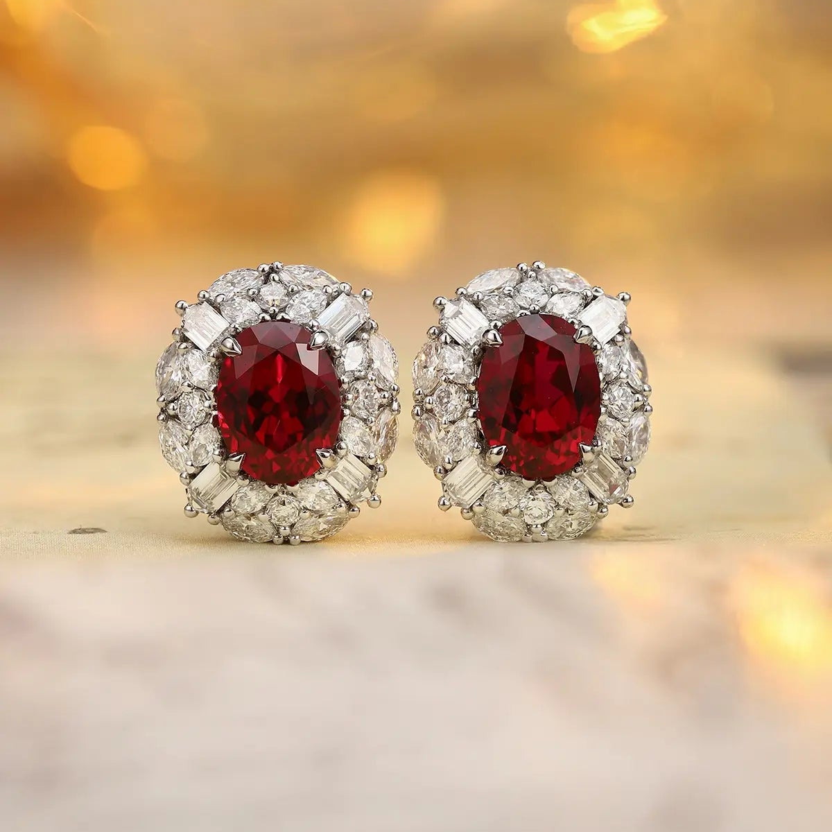 PT950 Lab Gorwn Diamond & Lab Grown Ruby 3ct Oval Shape Earring