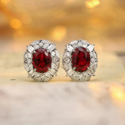 PT950 Lab Gorwn Diamond & Lab Grown Ruby 3ct Oval Shape Earring