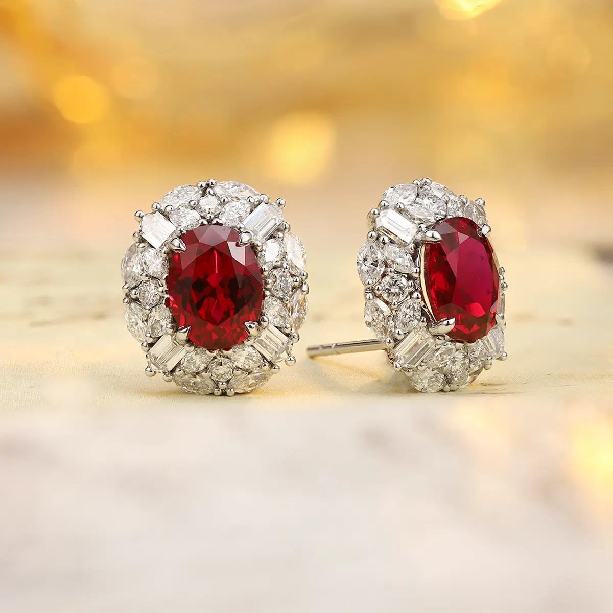 PT950 Lab Gorwn Diamond & Lab Grown Ruby 3ct Oval Shape Earring
