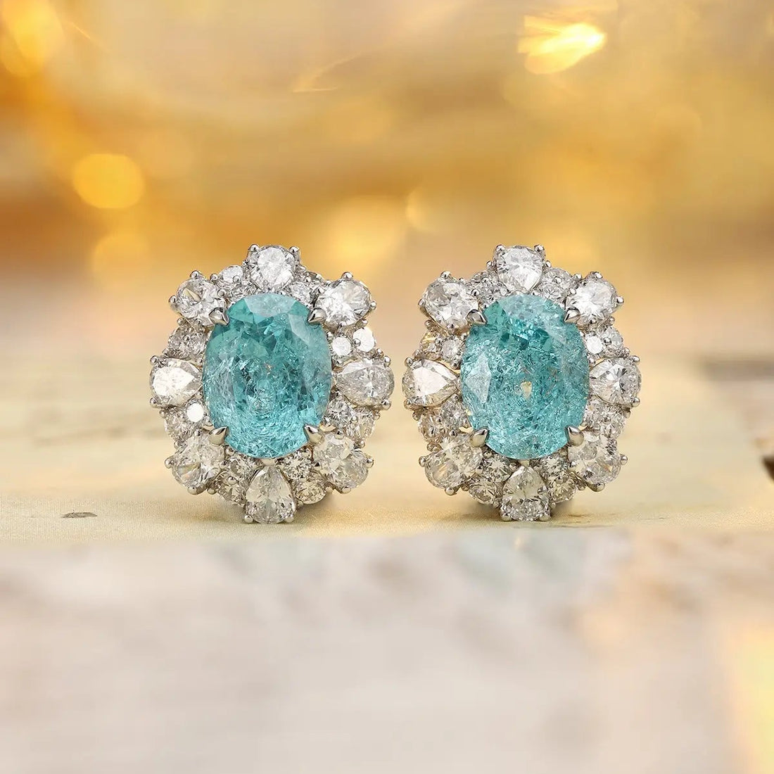 PT950 Lab Grown Diamond & Lab Grown Paraiba 6ct Oval Shape Earrings