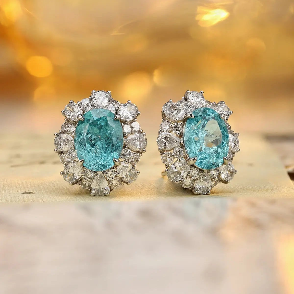 PT950 Lab Grown Diamond & Lab Grown Paraiba 6ct Oval Shape Earrings