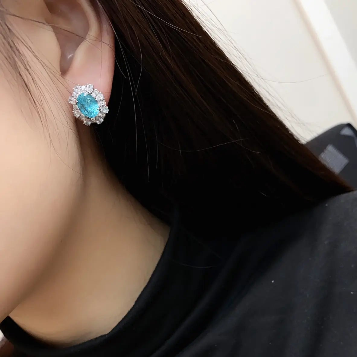 PT950 Lab Grown Diamond & Lab Grown Paraiba 6ct Oval Shape Earrings