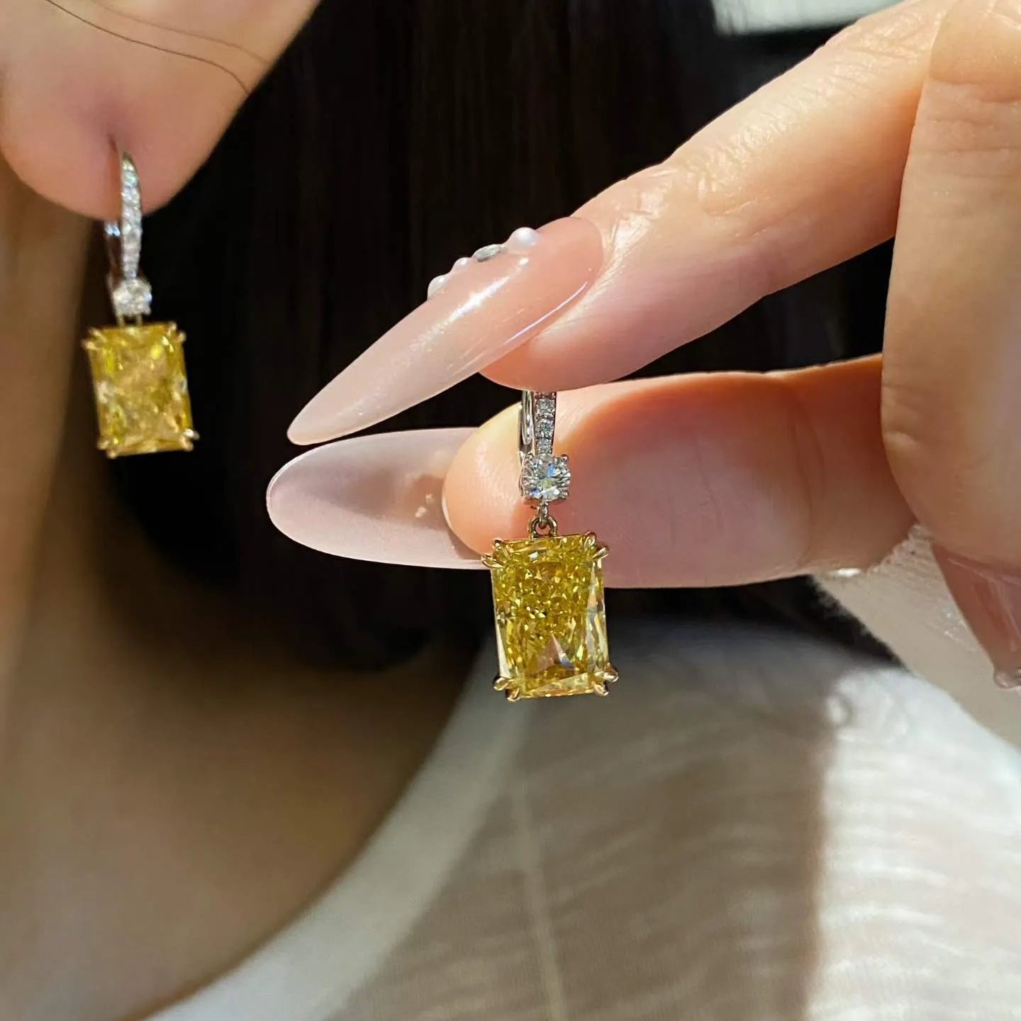 18K Gold Lab Yellow Diamond Radiant Cut Drop Earrings