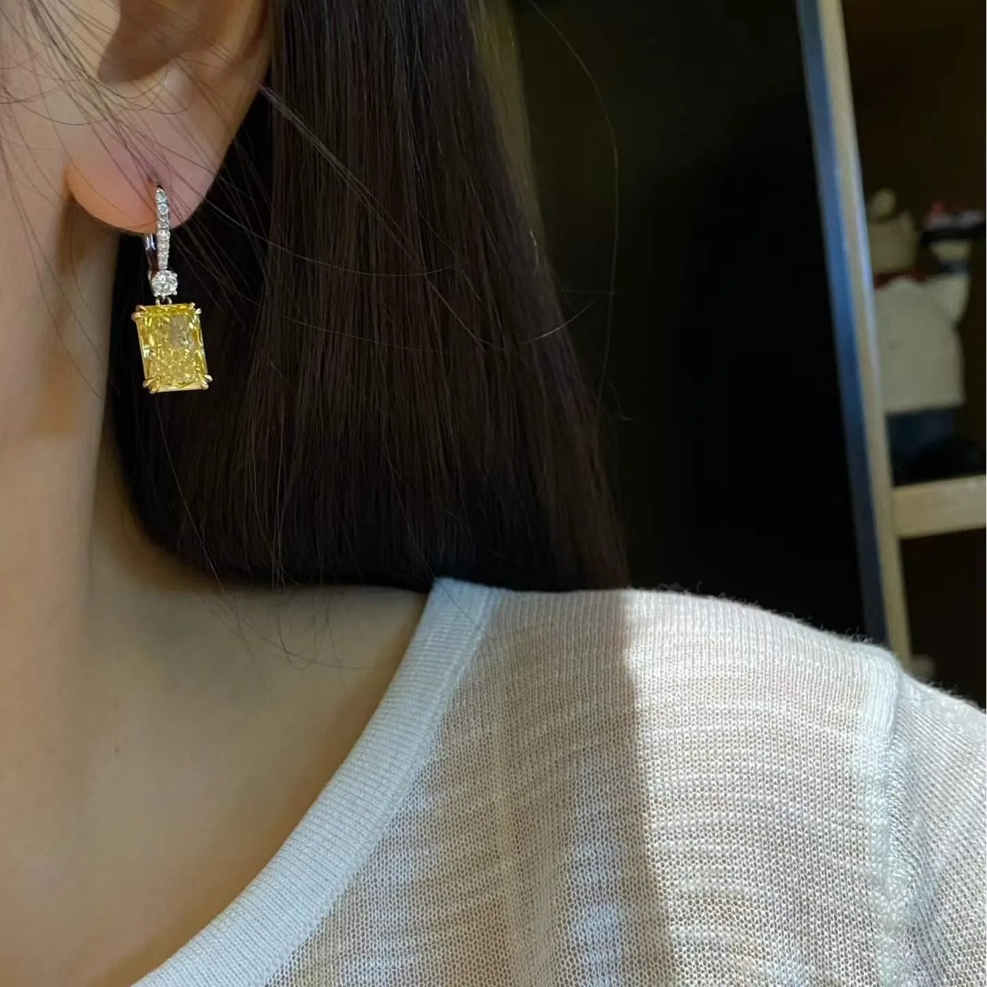 18K Gold Lab Yellow Diamond Radiant Cut Drop Earrings