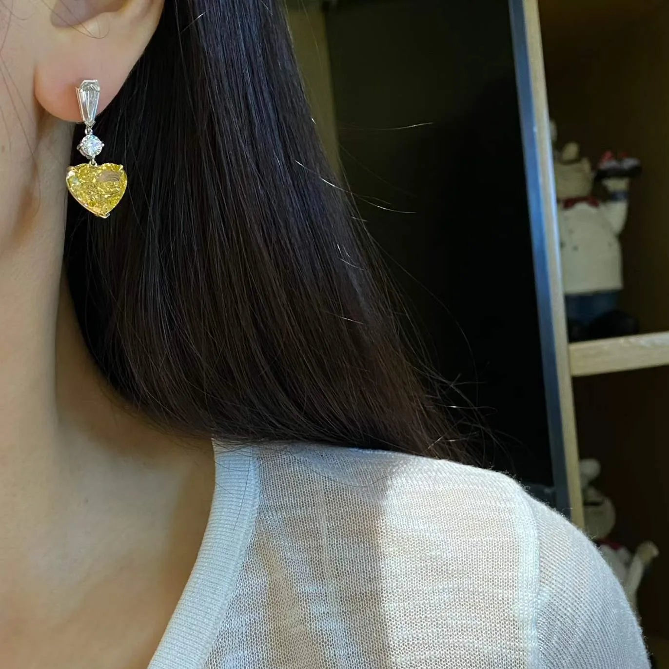 18K Gold  Lab Grown White & Yellow Diamond Heart Matching Drop Earrings