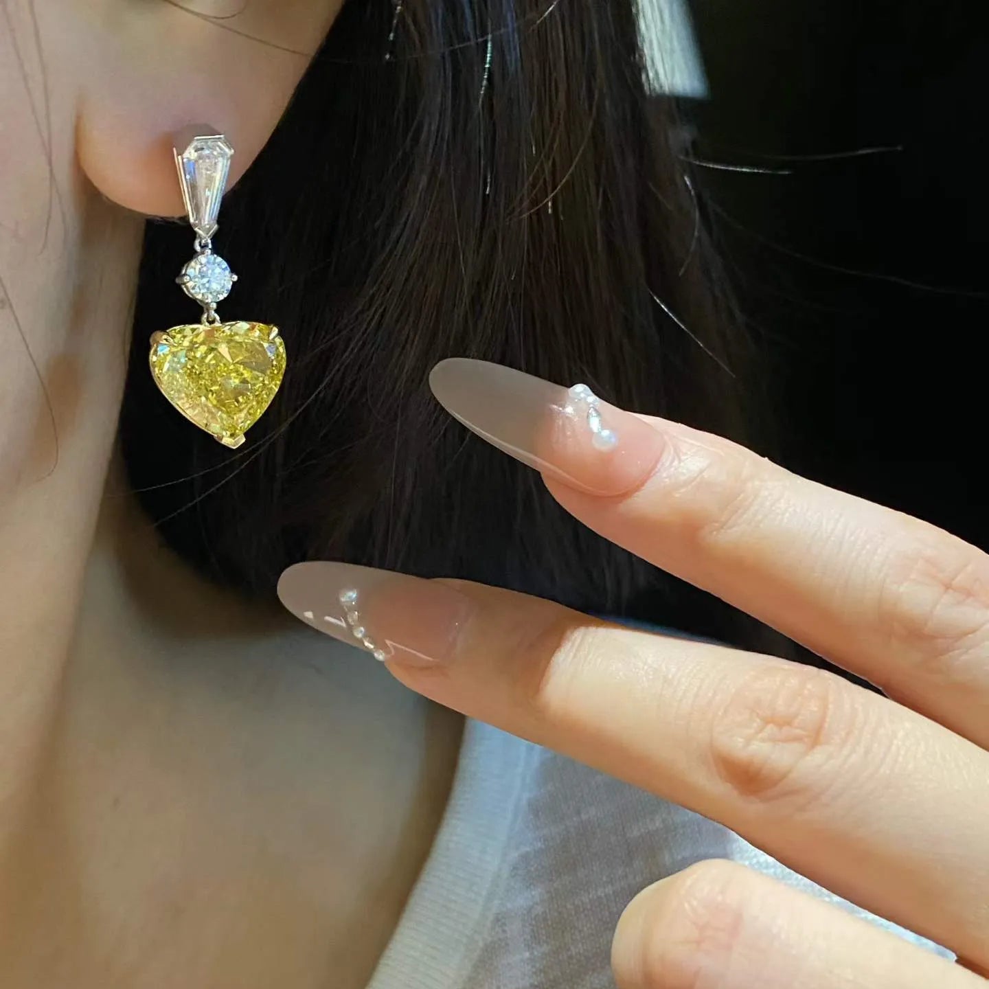 18K Gold  Lab Grown White & Yellow Diamond Heart Matching Drop Earrings