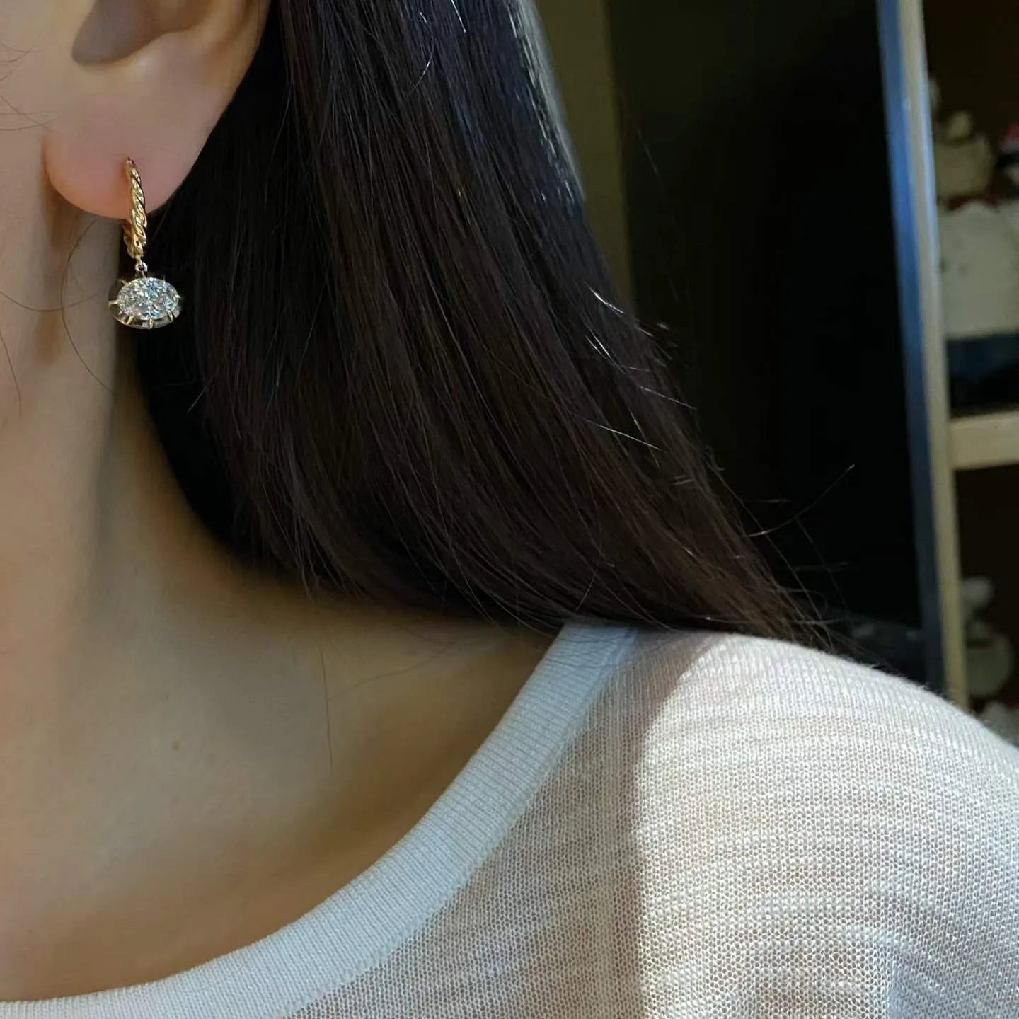 18K Gold Oval Lab Diamond Hook Earrings