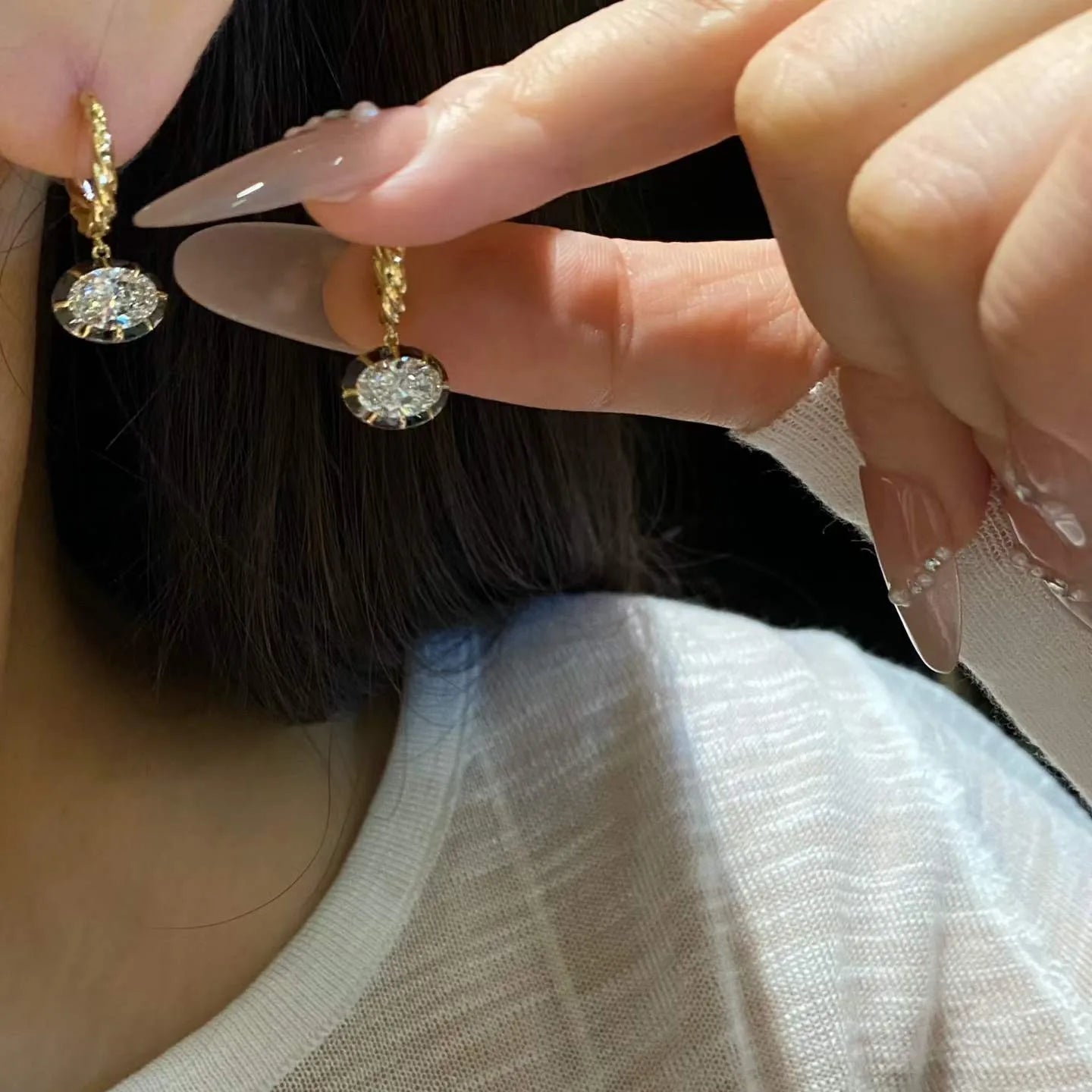18K Gold Oval Lab Diamond Hook Earrings