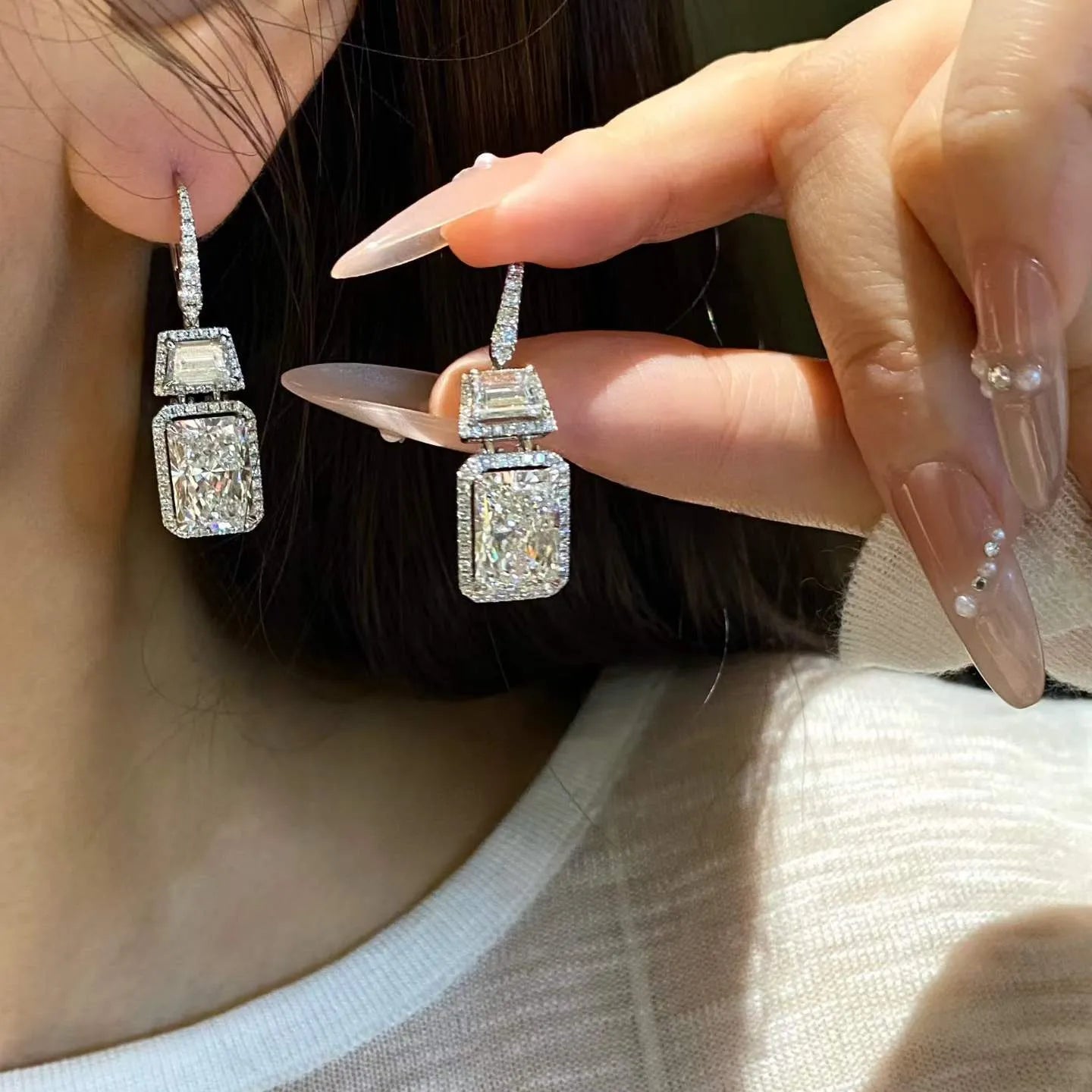 18K Gold Radiant Lab Diamond Drop Earrings IGI VVS2 F Color