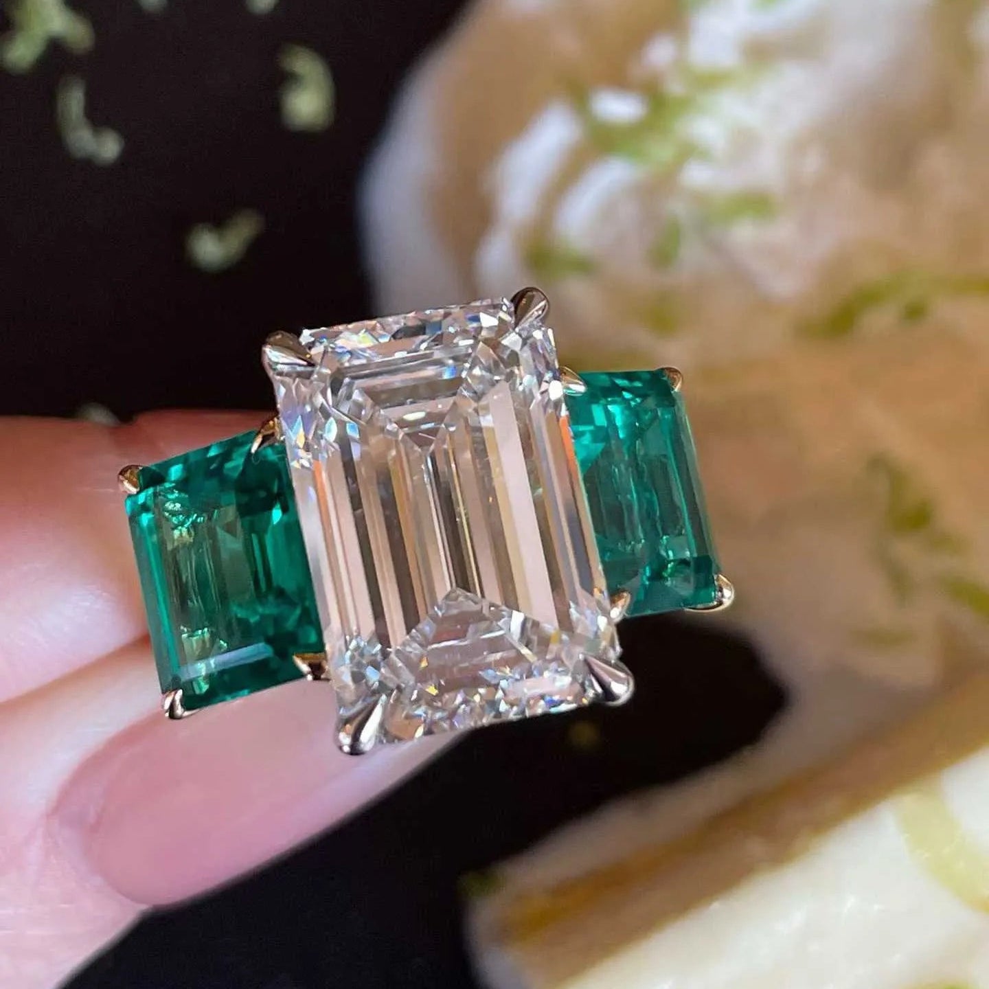 10.03ct  Emerald Cut Lab Diamond Three Stone Ring 18K Gold with Lab Grown Emerald Side Stones