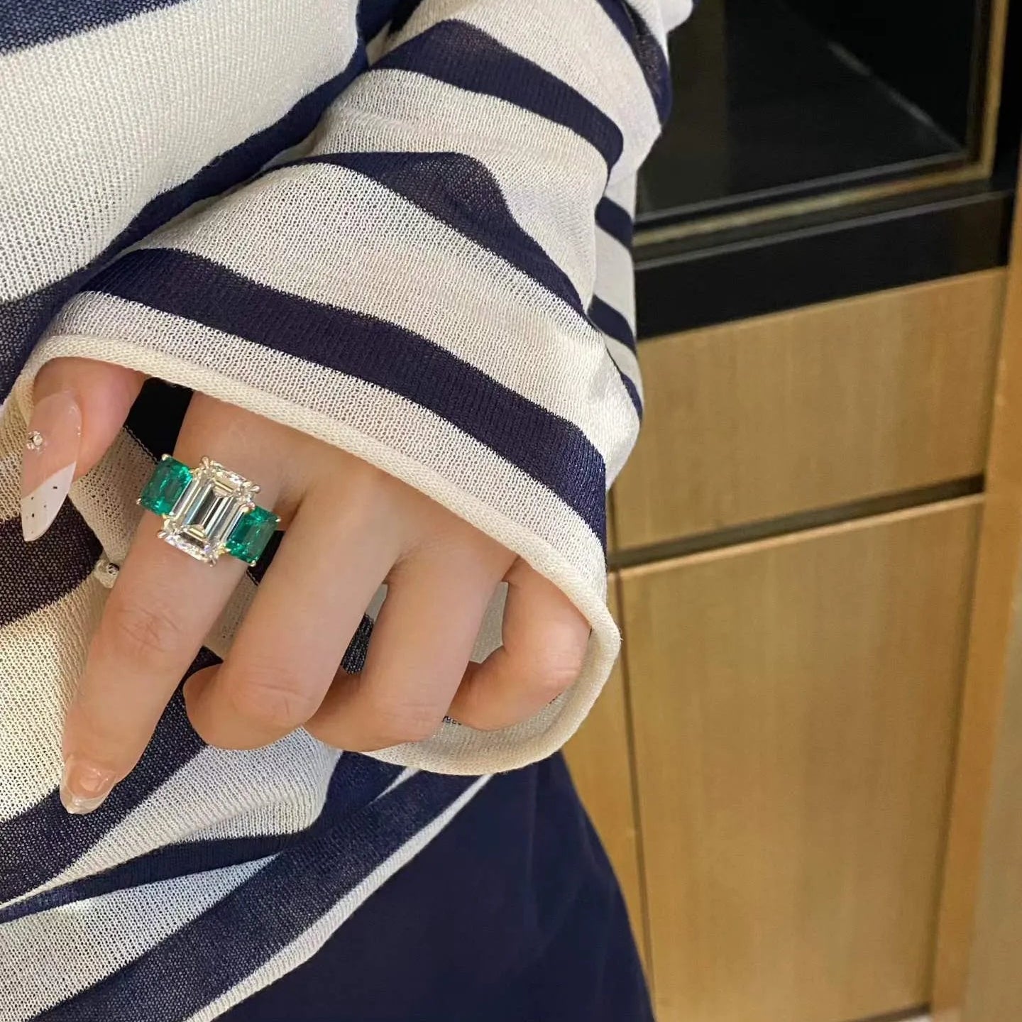 10.03ct  Emerald Cut Lab Diamond Three Stone Ring 18K Gold with Lab Grown Emerald Side Stones