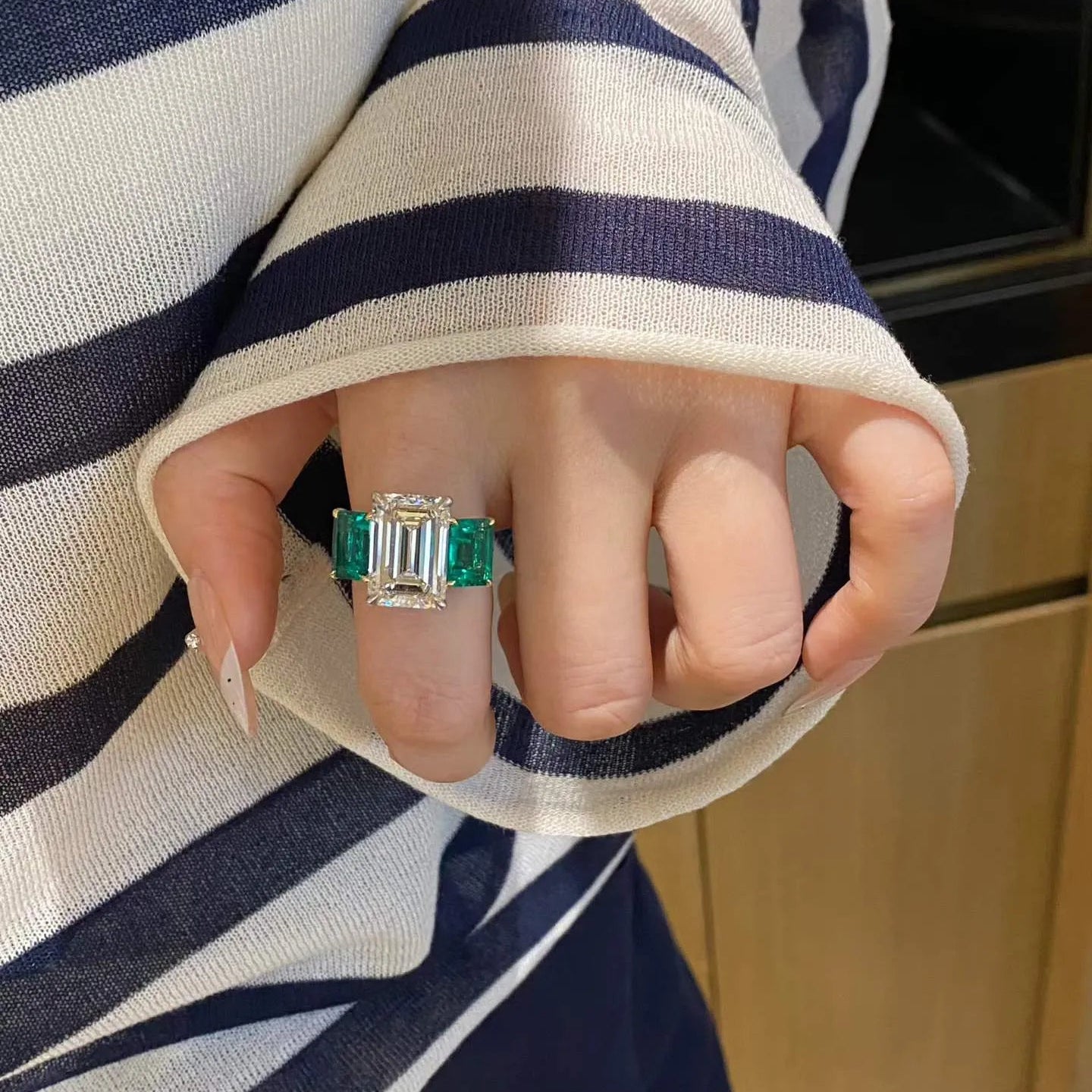 10.03ct  Emerald Cut Lab Diamond Three Stone Ring 18K Gold with Lab Grown Emerald Side Stones