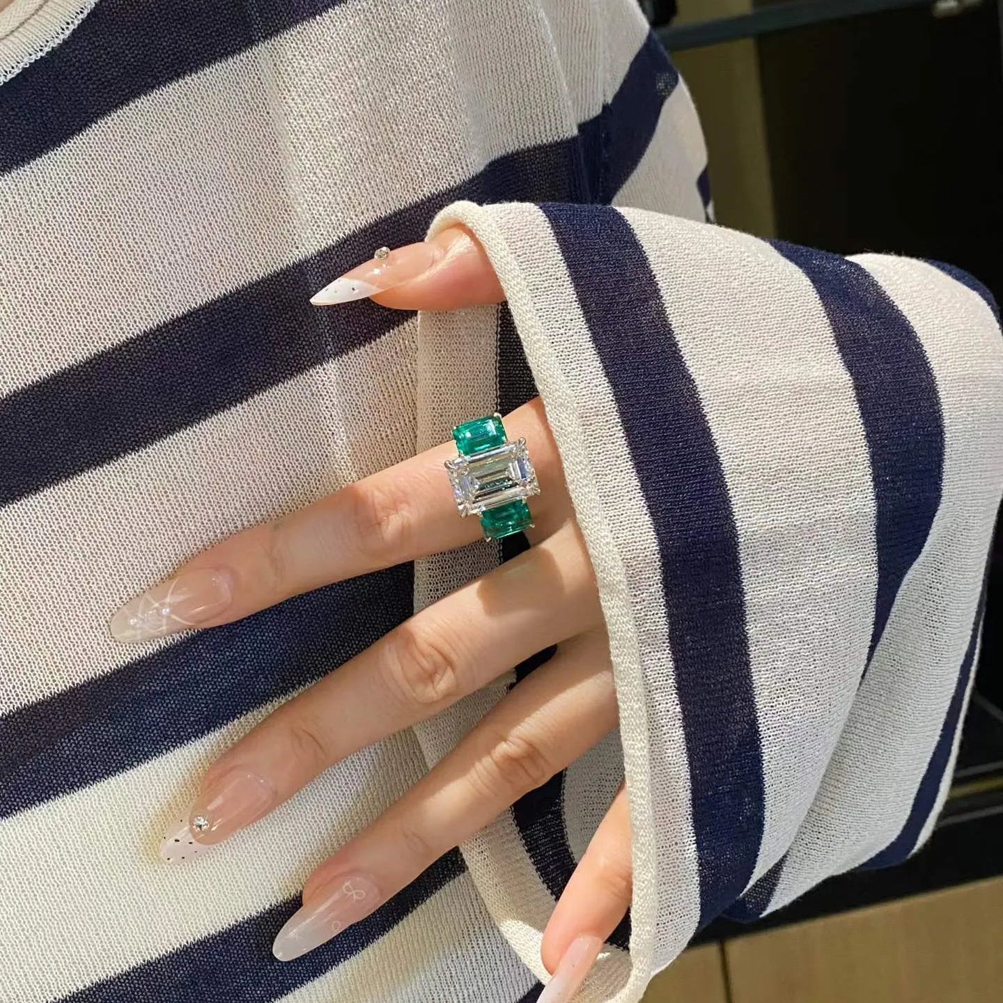 10.03ct  Emerald Cut Lab Diamond Three Stone Ring 18K Gold with Lab Grown Emerald Side Stones