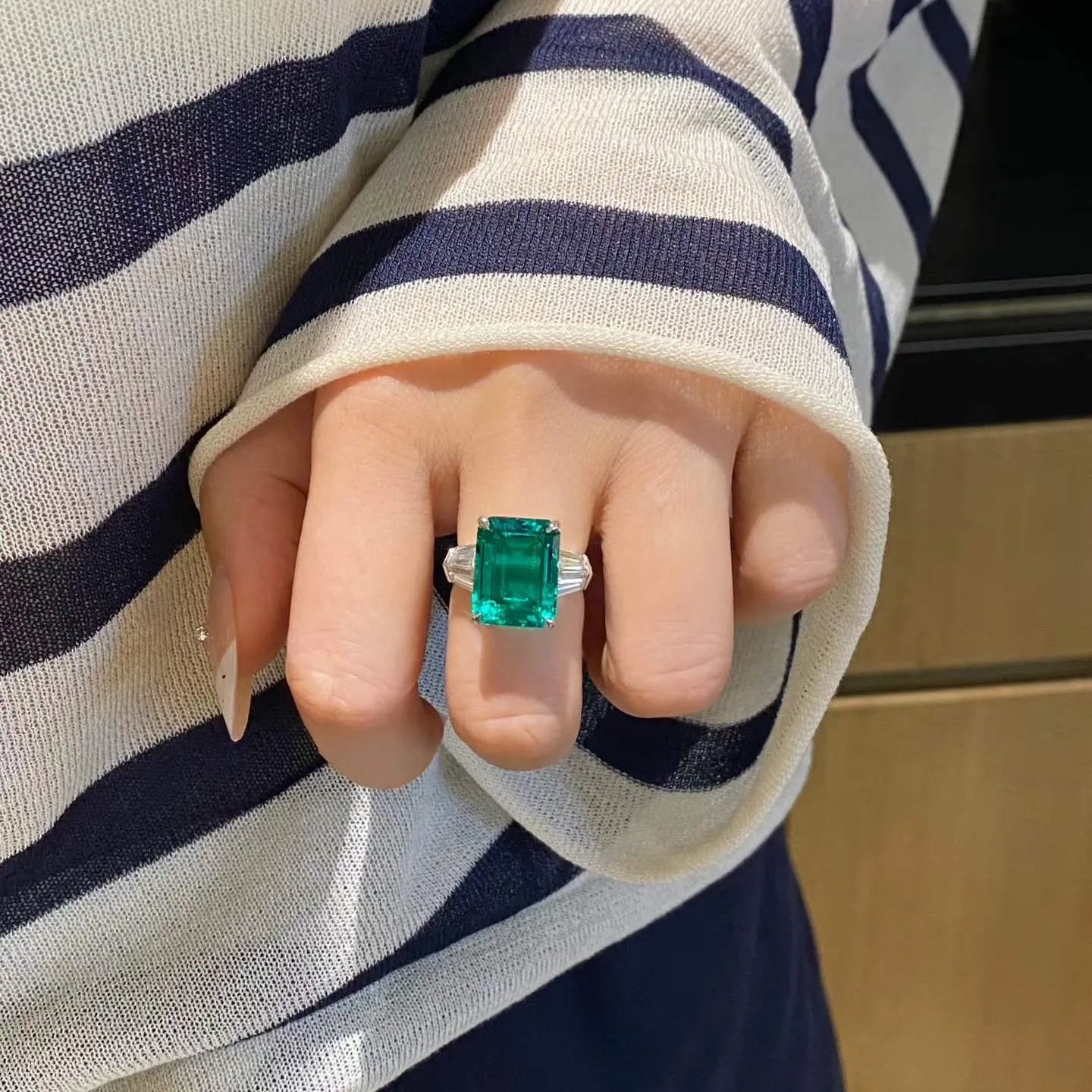 7.53ct Lab Grown Emerald Three Stone Ring 18K Gold With Lab White Diamond Side Stones