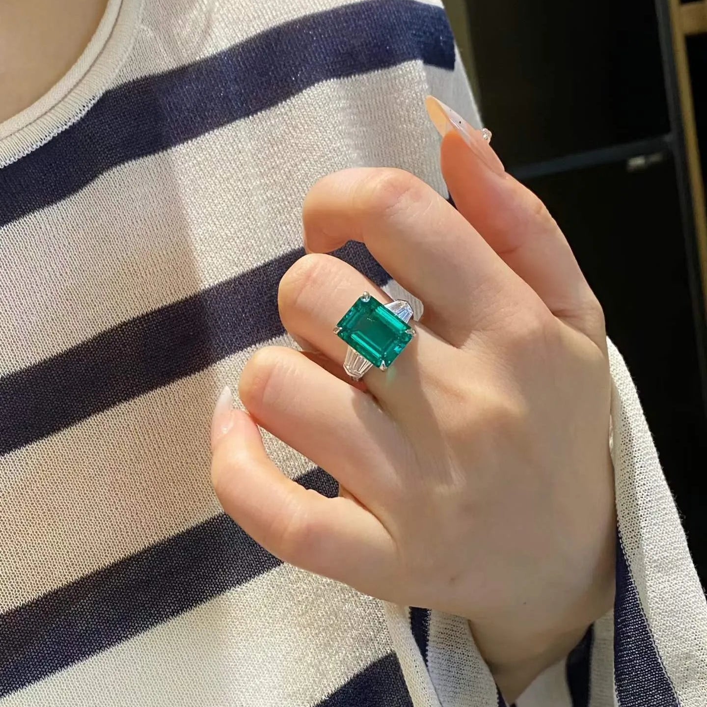 7.53ct Lab Grown Emerald Three Stone Ring 18K Gold With Lab White Diamond Side Stones