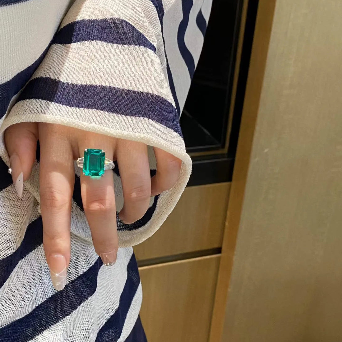 7.53ct Lab Grown Emerald Three Stone Ring 18K Gold With Lab White Diamond Side Stones