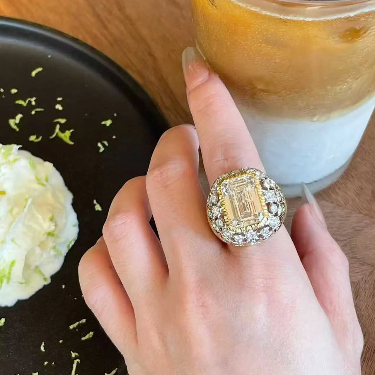 18K Gold Brushed Finish Ring | 10.090ct F VS1 Lab Grown Diamond with 1.187ct Side Lab Diamonds