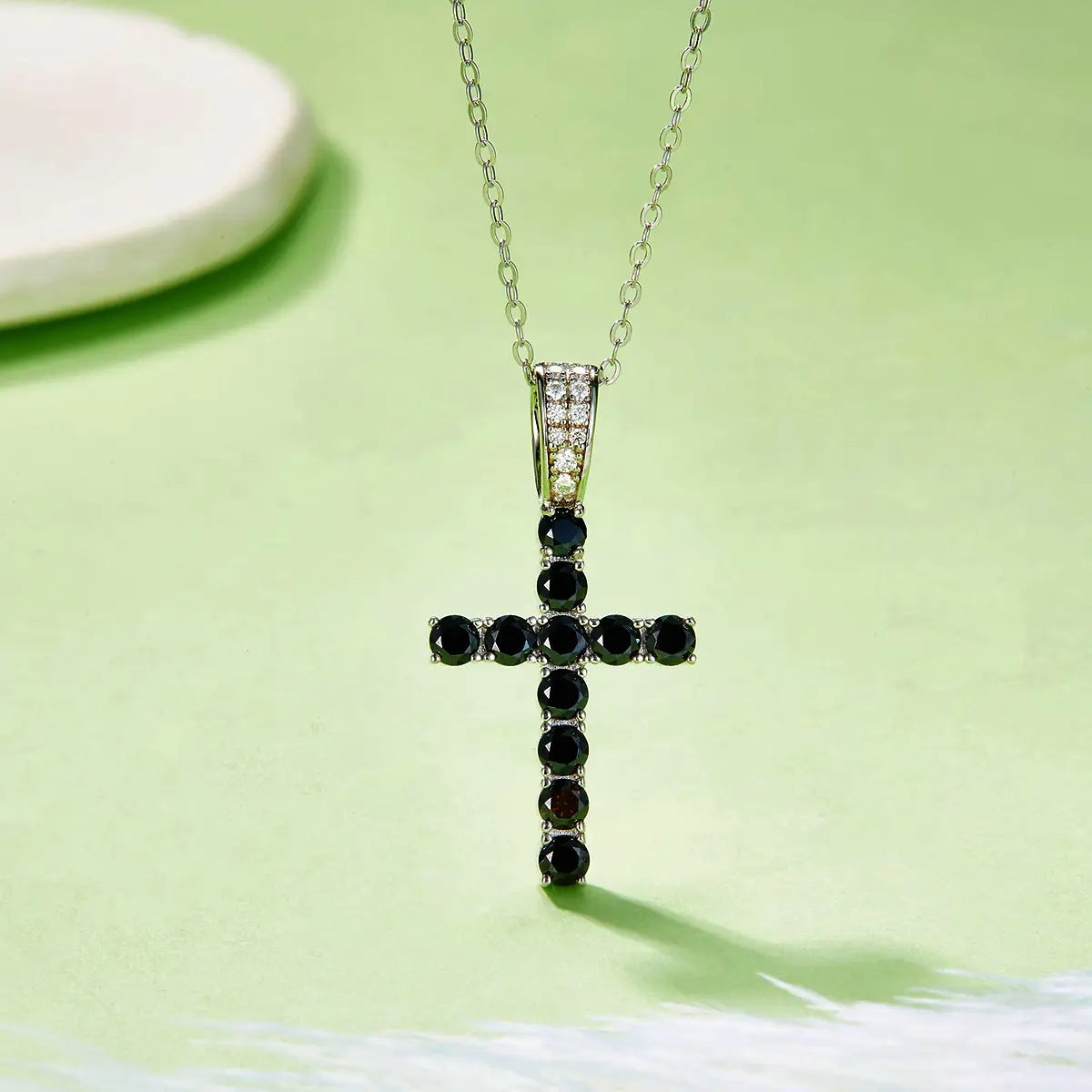 S925 Silver Plated With 18K White Gold Precious Gemstone Cross Necklace