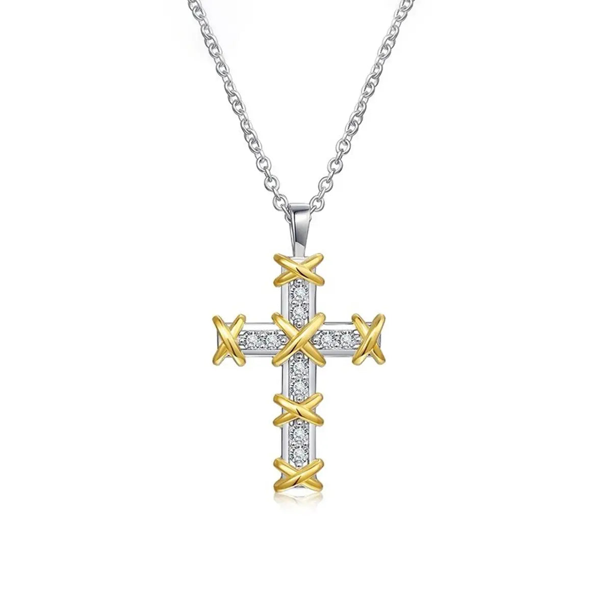 S925 Silver Plated With 18K Gold Double-colored Cross-shaped Necklace With Moissanite 0.45 ct
