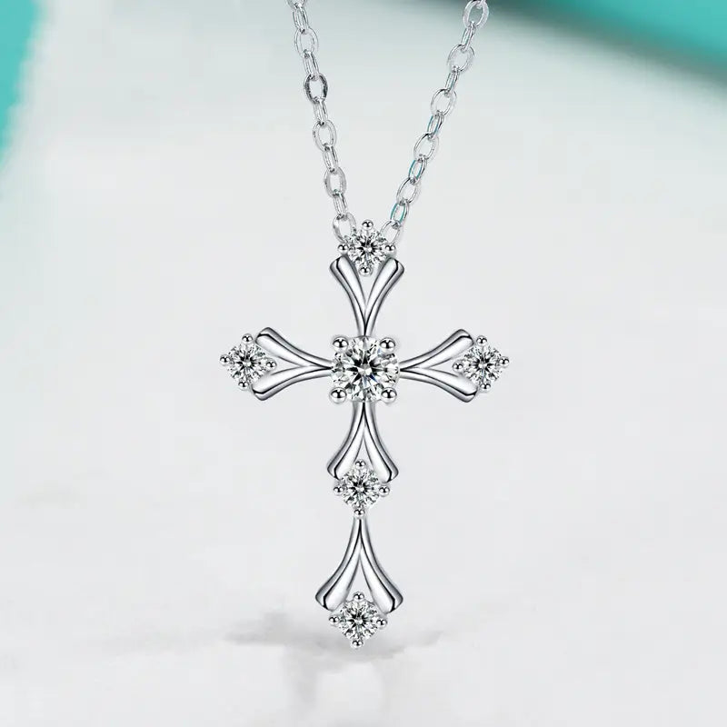 S925 Silver Plated With 18K White Gold Cross-shaped Morganite Necklace Main Stone 0.2ct