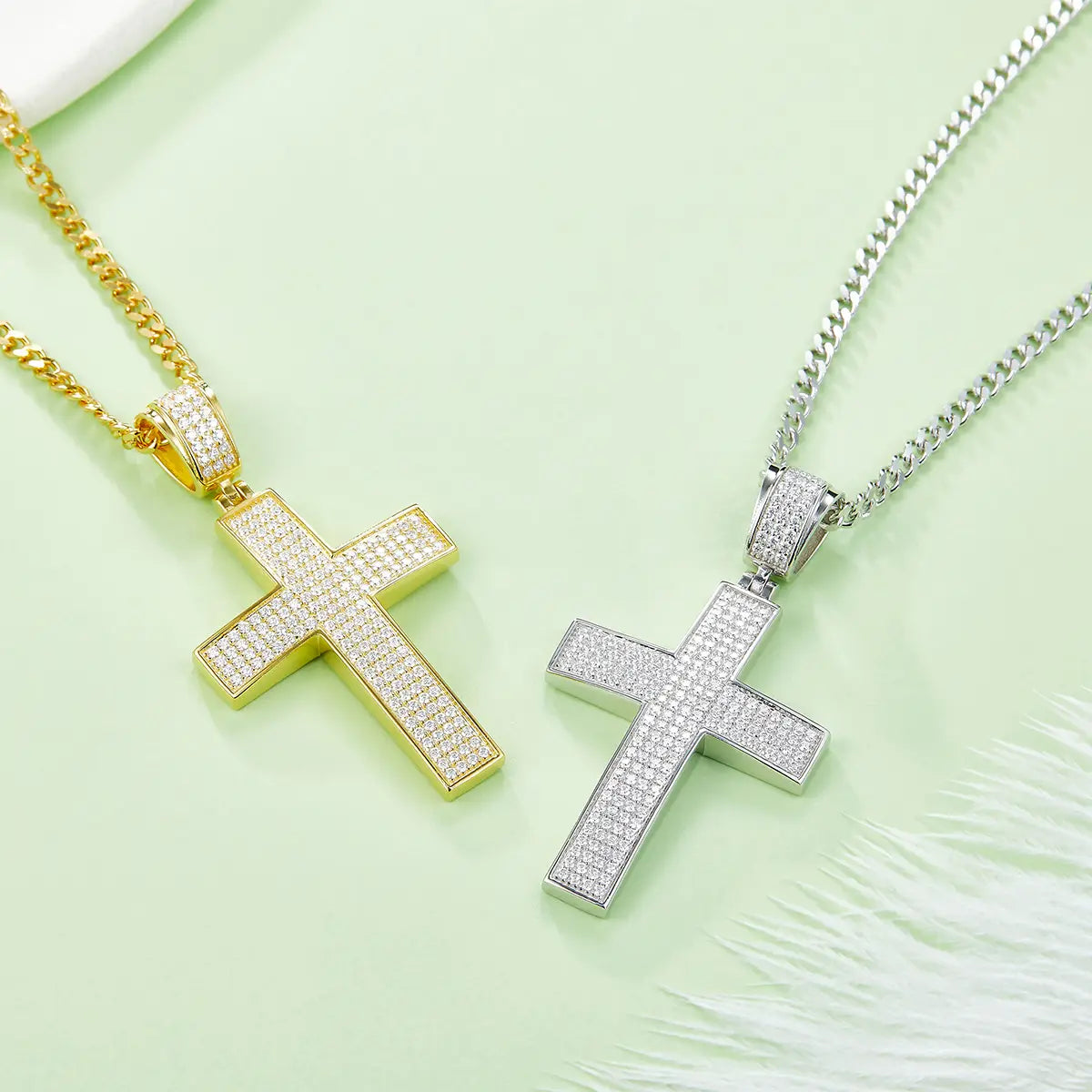 Classic Gold-plated Cross Necklace Made Of S925 Silver With Moissanite Gemstones Of Grade D