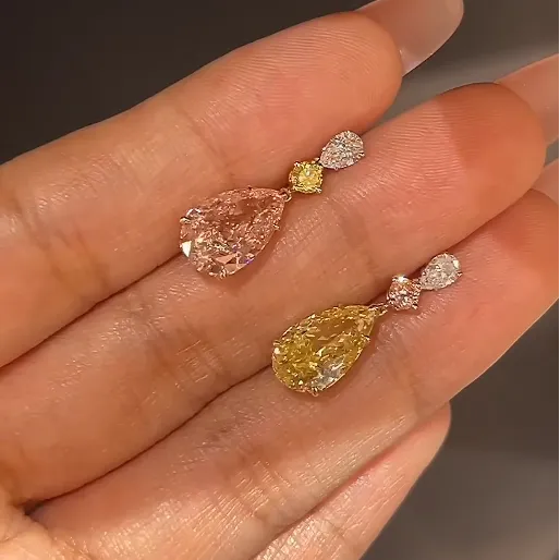 18k Gold Lab Grown Pink Diamond & Lab Grown Yellow Diamond Drop Earrings