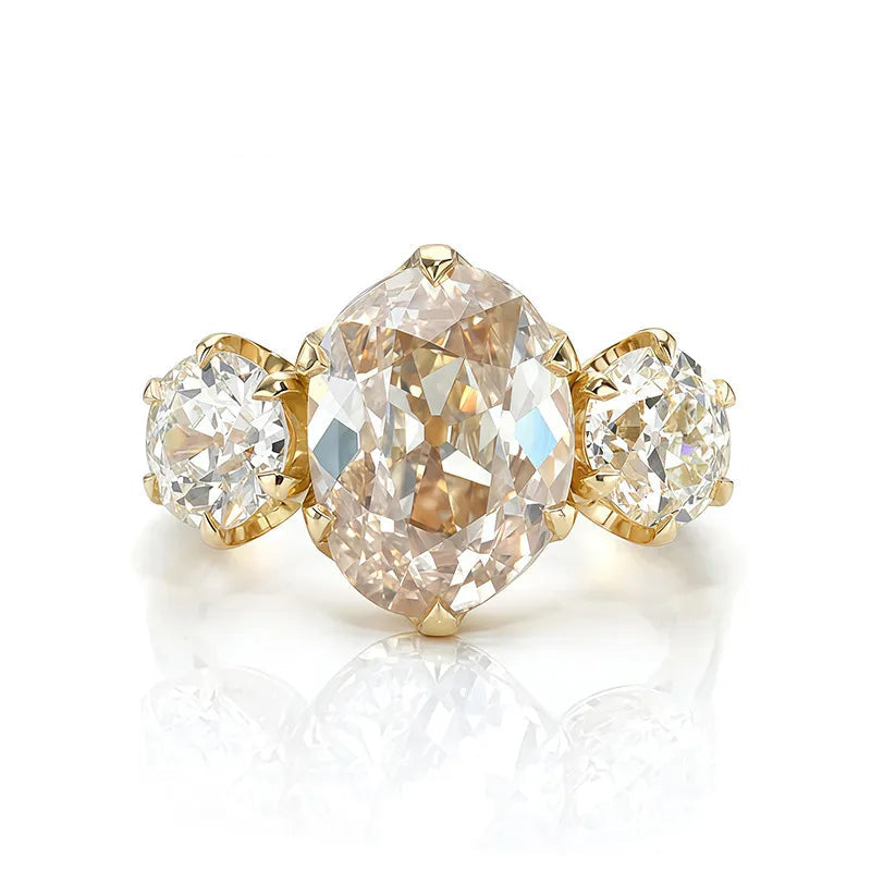 Luxury Three Stone Engagement Ring| 2CT Oval Egg Shape Moissanite| 18K Gold Plated S925 Sterling Silver