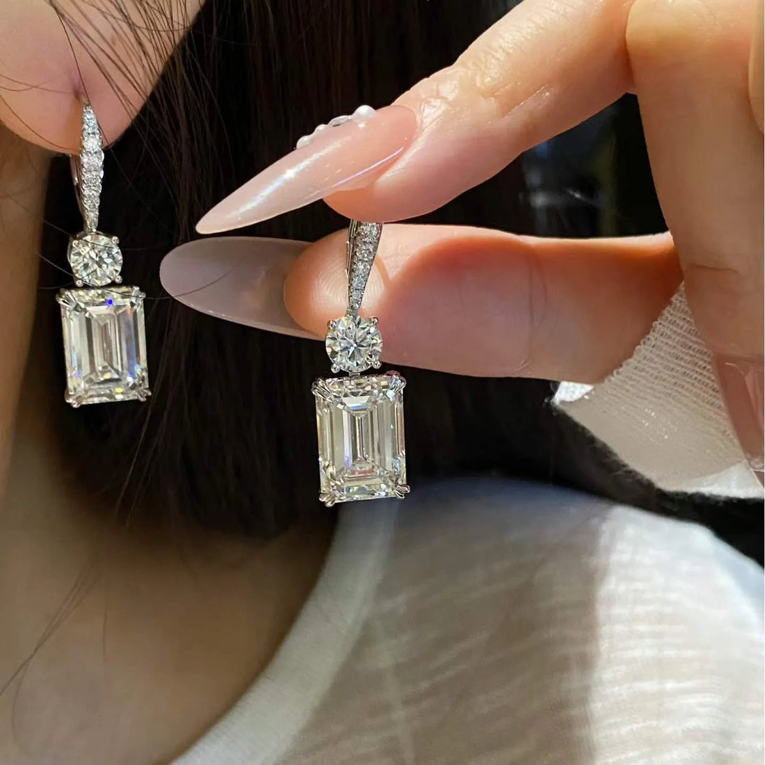 18K Gold Lab Diamond Emerald Cut Drop Earrings