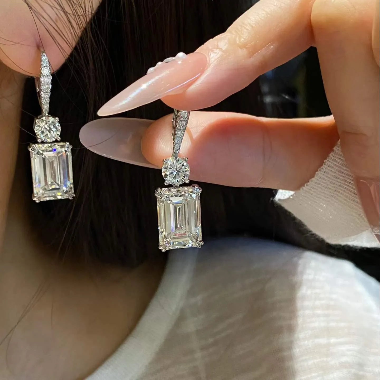 18K Gold Lab Diamond Emerald Cut Drop Earrings