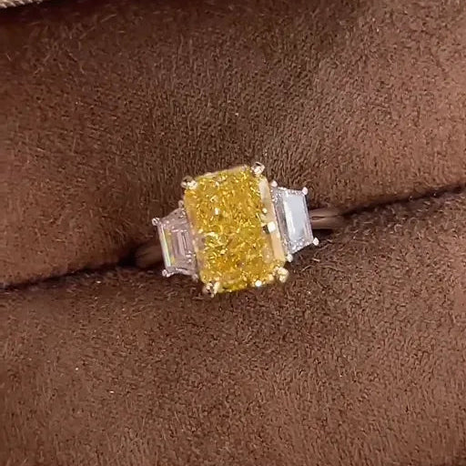 18K Solid Gold Radiant Cut Lab‑Grown Fancy Yellow Three‑Stone Ring