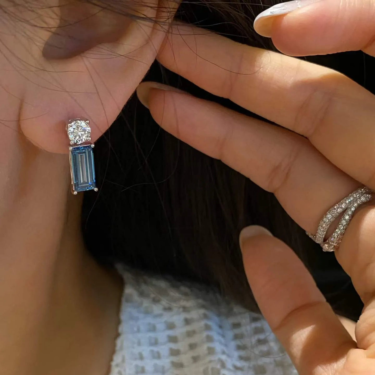 18K Gold Emerald Cut Lab Grown Blue Diamond Drop Earrings