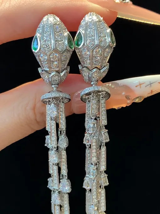18k Lab Diamond & Natural Tsavorite Snake Head Tassel Earrings