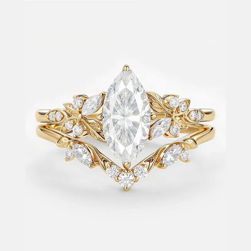 Garden Series - 1-2 Carat Marquise Moissanite Stack Wedding Ring Set | S925 Silver With Gold Plated