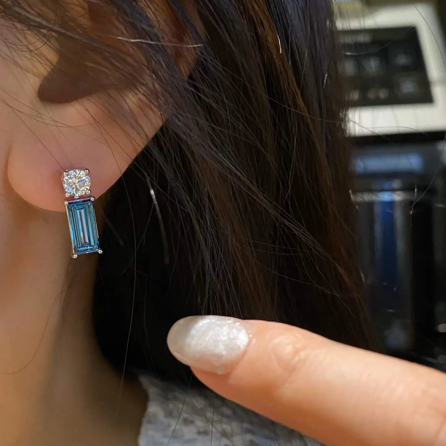 18K Gold Emerald Cut Lab Grown Blue Diamond Drop Earrings