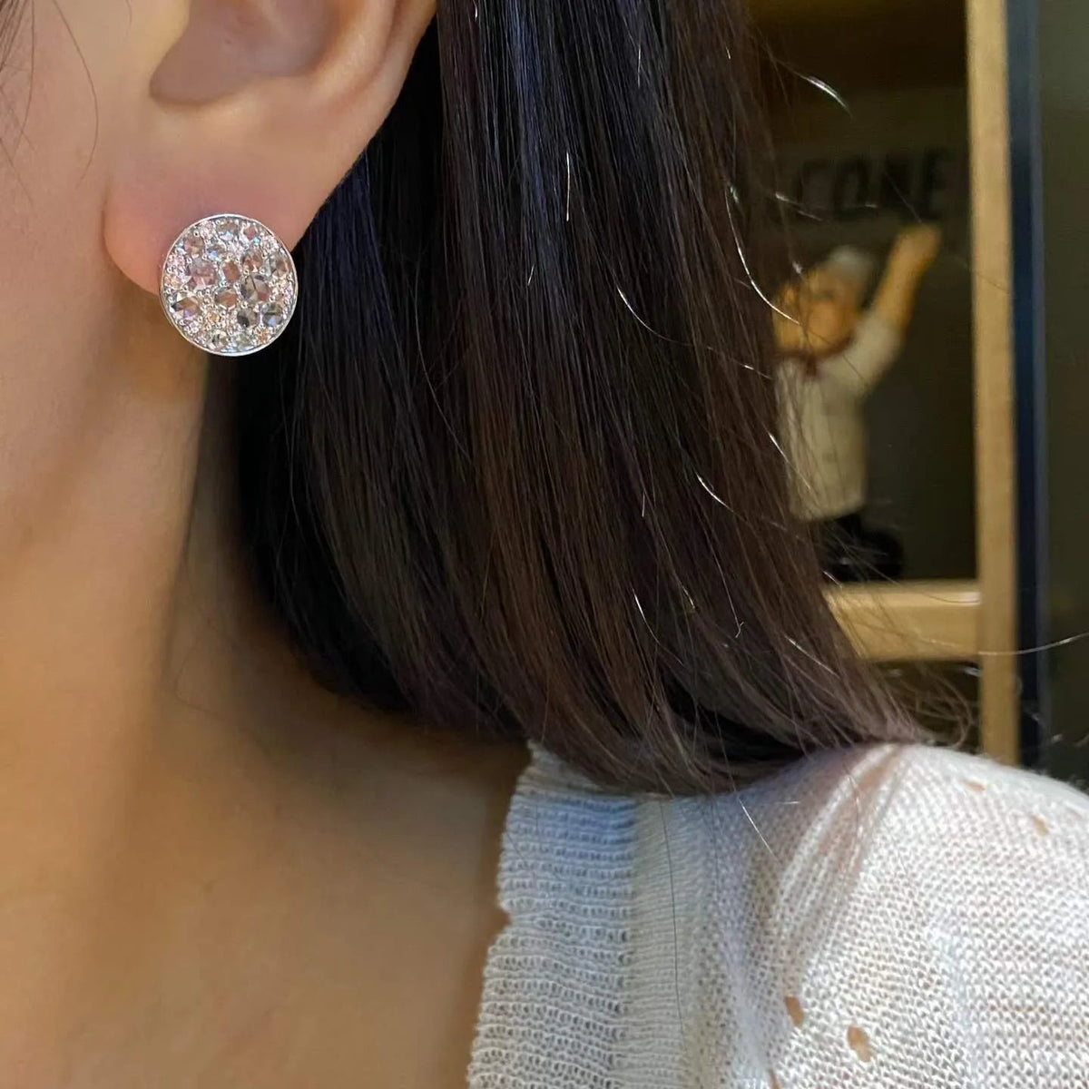 18K Solid Gold Rose‑Cut Lab‑Grown White & Round Pink Diamond Ear Climbers