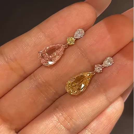 18k Gold Lab Grown Pink Diamond & Lab Grown Yellow Diamond Drop Earrings