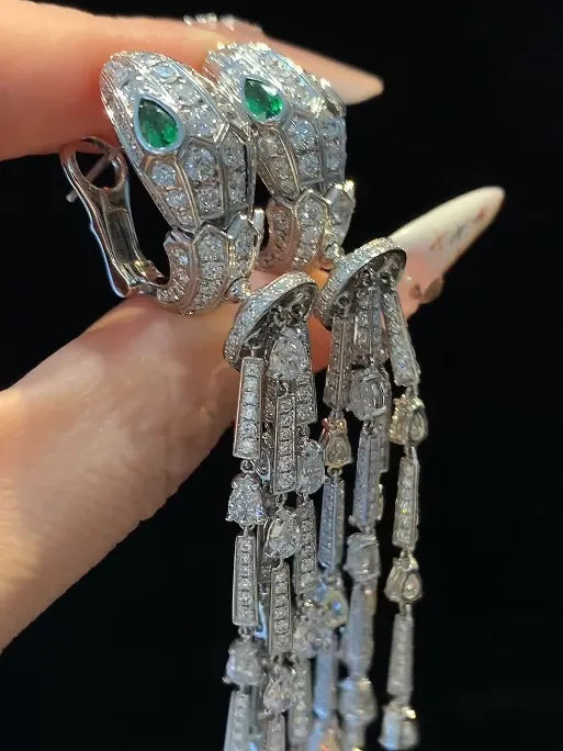 18k Lab Diamond & Natural Tsavorite Snake Head Tassel Earrings