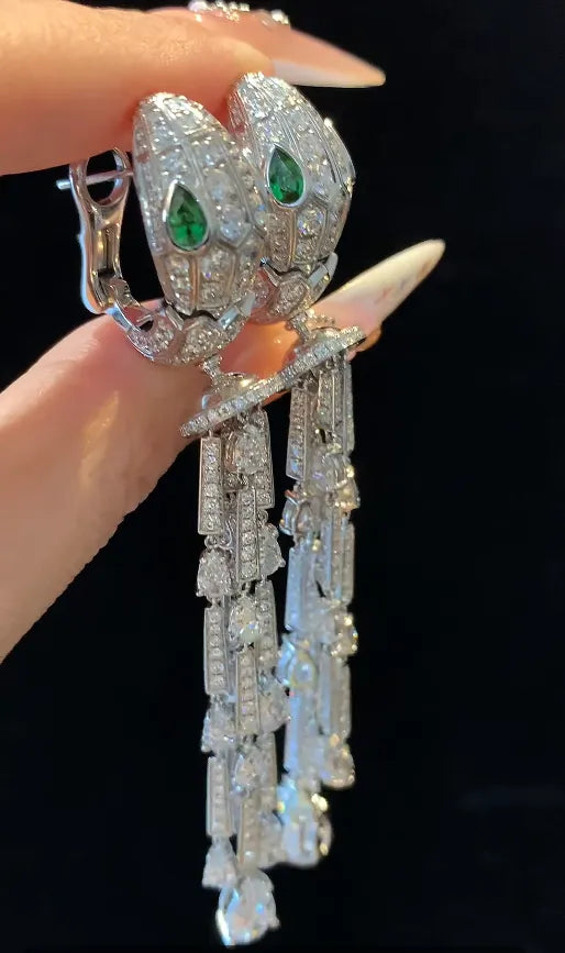 18k Lab Diamond & Natural Tsavorite Snake Head Tassel Earrings