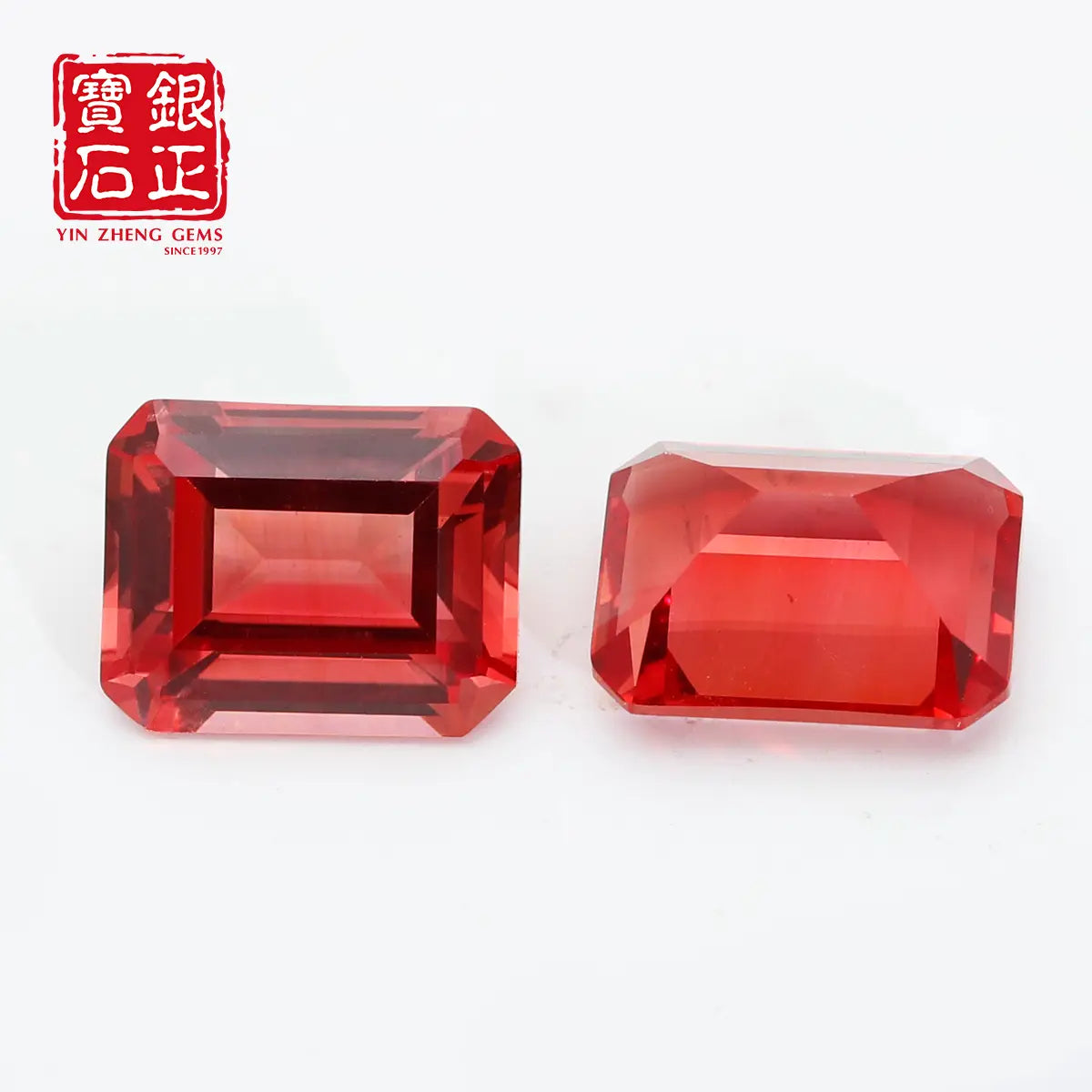 Flame Melted Lab Grown Paparacha Emerald Cut