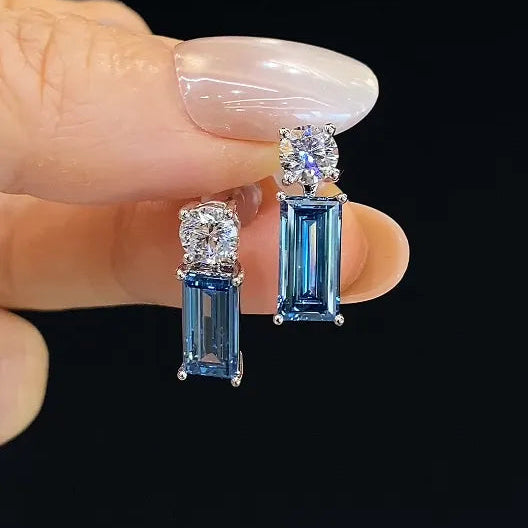 18K Gold Emerald Cut Lab Grown Blue Diamond Drop Earrings