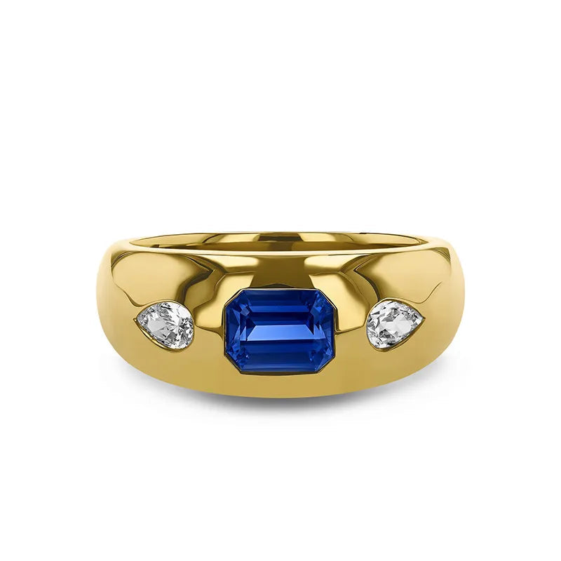 High-End Wide Index Finger Ring Lab Grown Ruby Sapphire 18K Gold Plated S925 Silver
