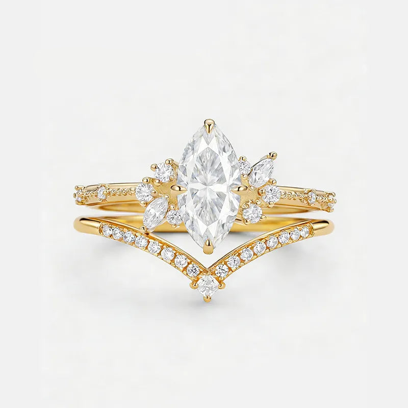Garden Series - 1-2 Carat Marquise Moissanite Stack Wedding Ring Set | S925 Silver With Gold Plated