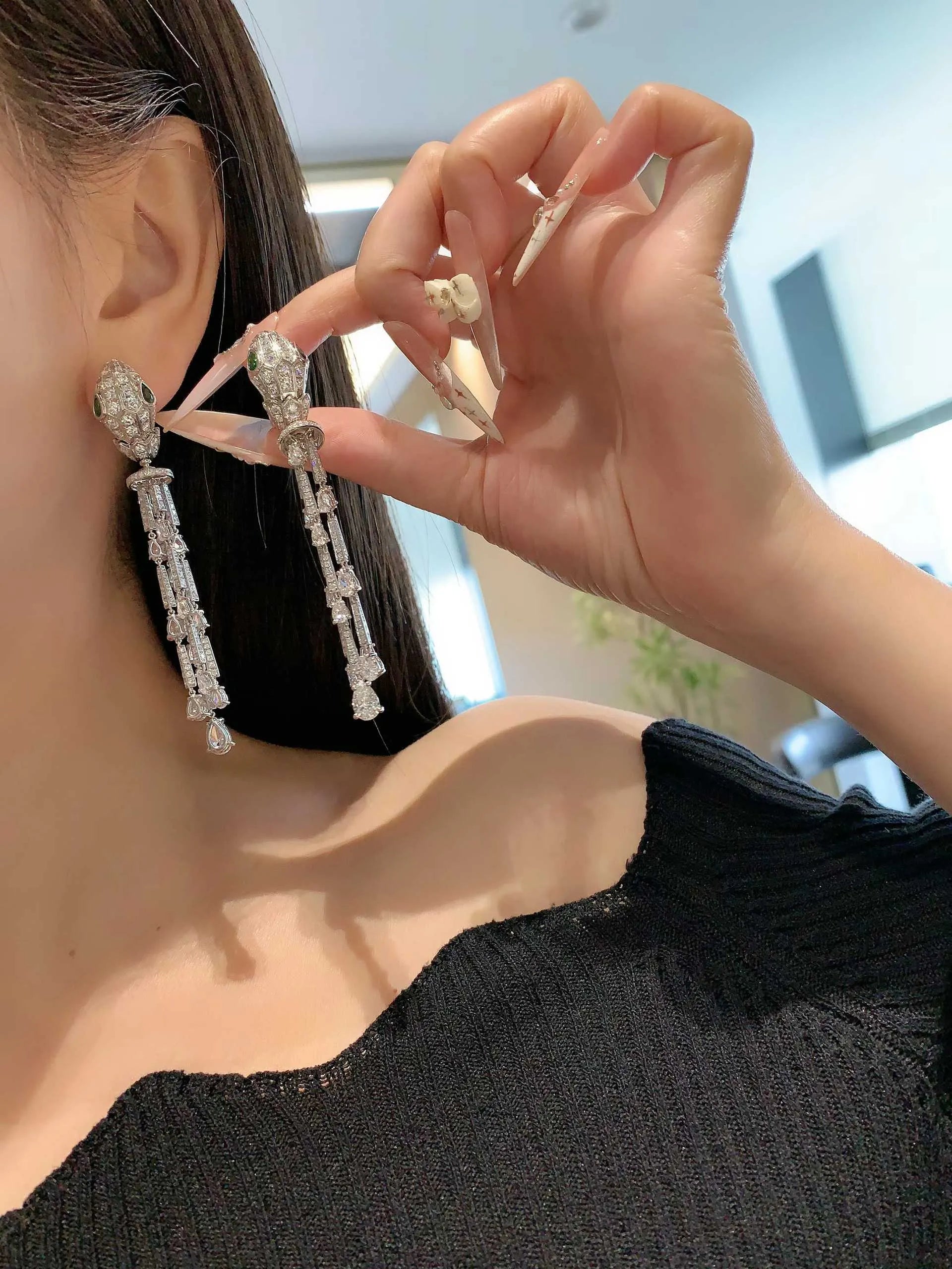 18k Lab Diamond & Natural Tsavorite Snake Head Tassel Earrings