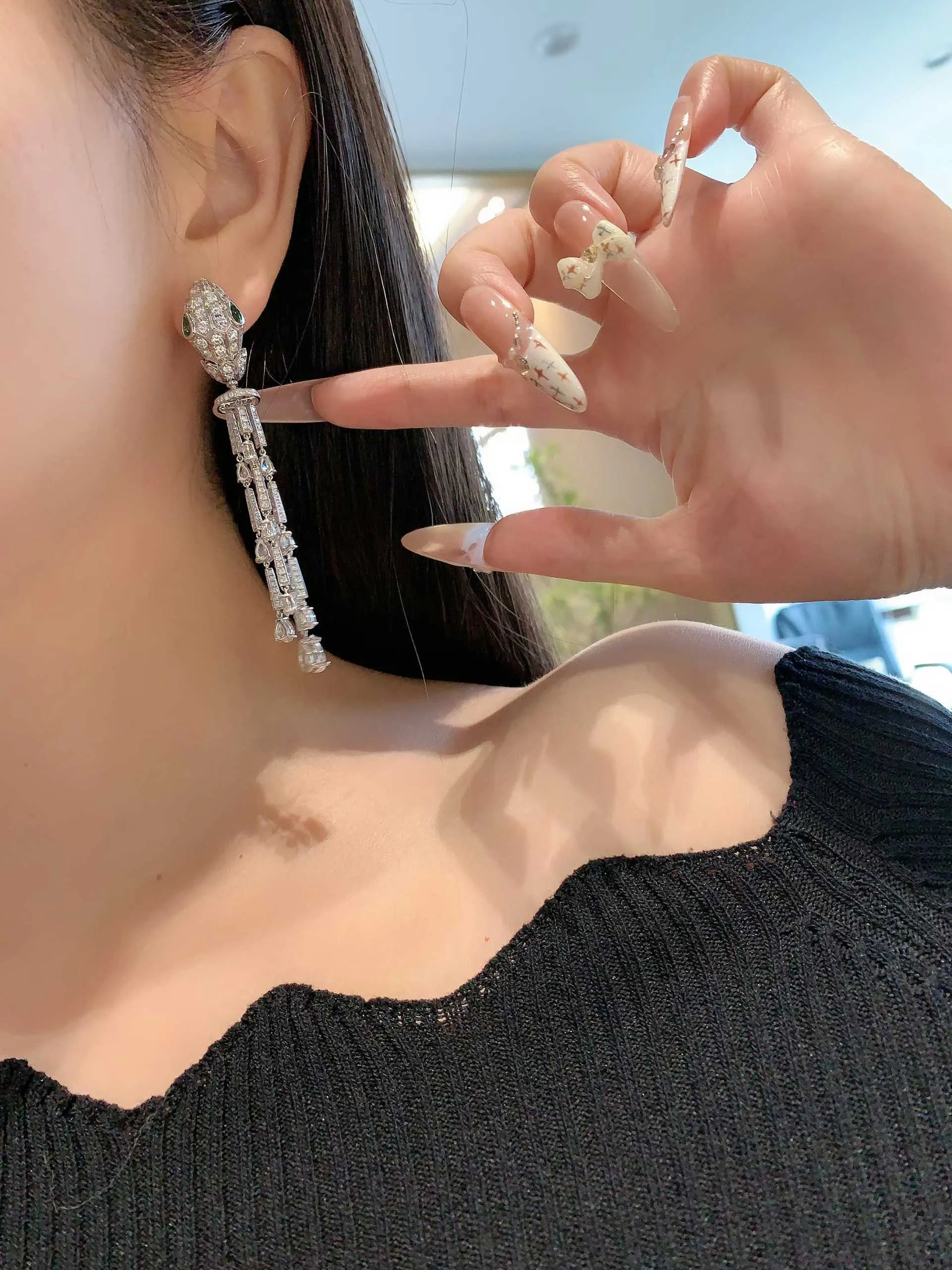 18k Lab Diamond & Natural Tsavorite Snake Head Tassel Earrings