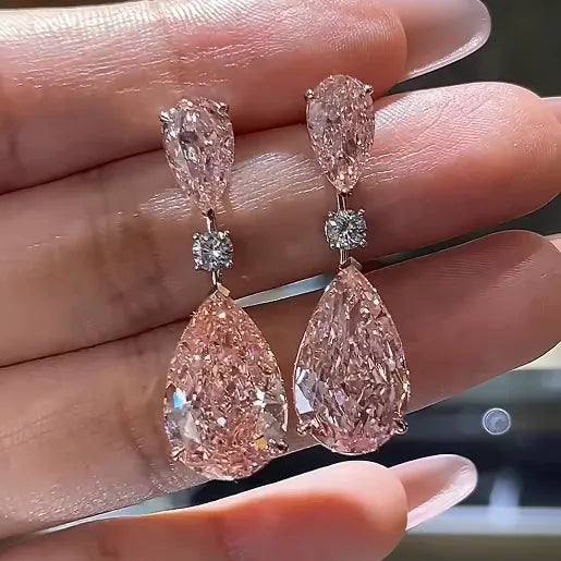 18K Gold Lab Pink Diamond Double Pear Earrings Fancy Intense Pink VS1/VS2